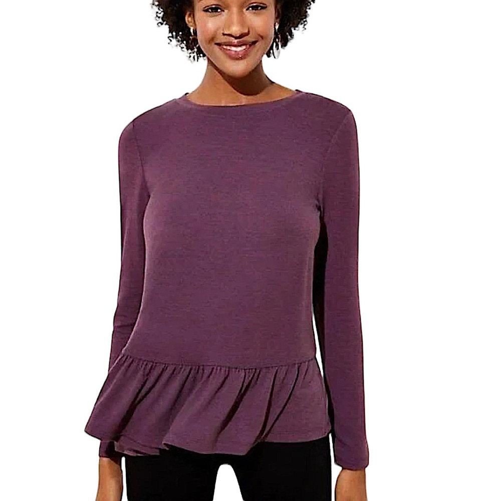 ANN TAYLOR LOFT: Long Sleeve Peplum Top Purple Amethyst - Size Medium